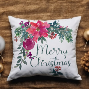 Coussin Poinsettia Aquarelle Ajouter un nom Joyeux Noël