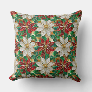 Coussin Poinsettia Blanc Rouge Vert Or