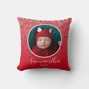 Coussin Poinsettia de Noël Rouge Photo personnalisée pour 