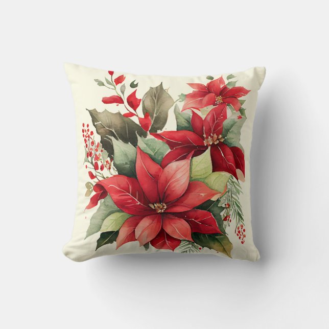 Coussin Poinsettia Holly Berry Rouge Blanc Fleur Noël (Recto)