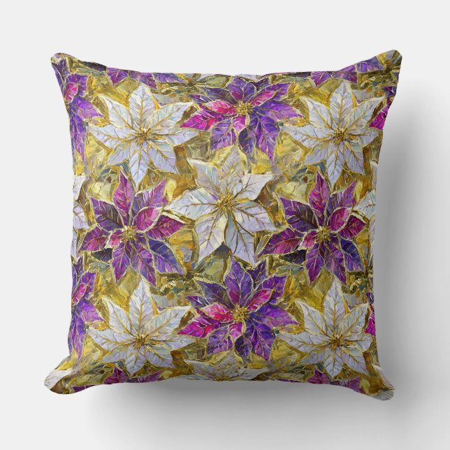 Coussin Poinsettias de Noël blanc or violet rose (Recto)