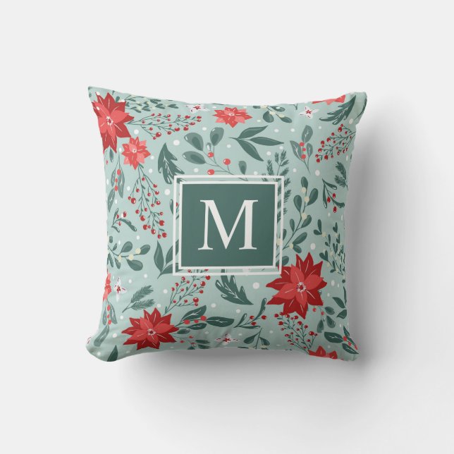 Coussin Poinsettias festives et Monogramme de baies sèches (Recto)