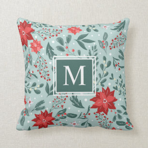 Coussin Poinsettias festives et Monogramme de baies sèches
