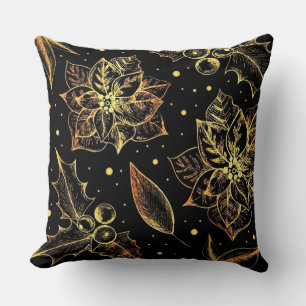 Coussin Poinsettias Noir & Or & Holly