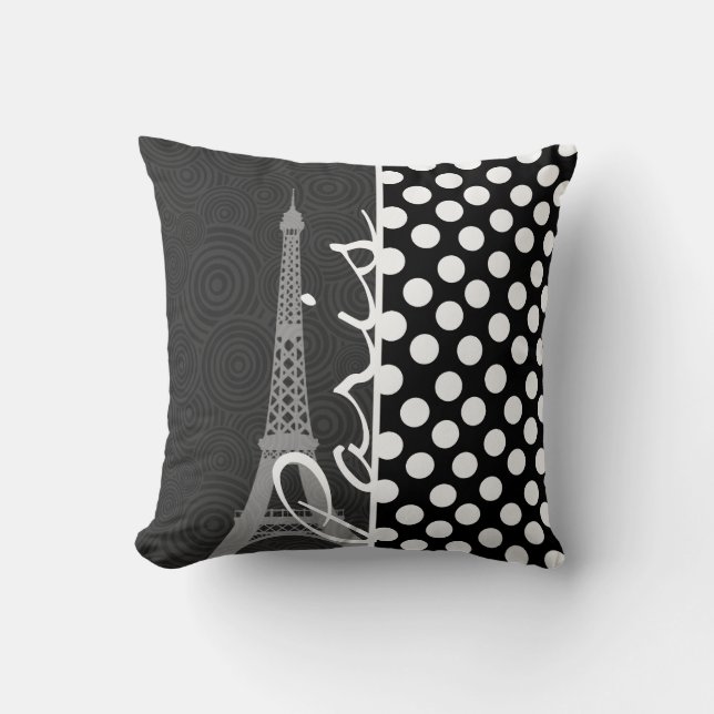 Coussin Point de polka noir et blanc, points ; Paris (Recto)