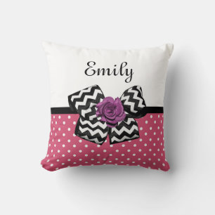 Coussin Points roses mignons Rose pourpre Chevron Bow et n