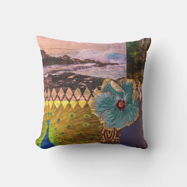 Coussin Poipu Sunrise, Kauai Hawaiian Collage réversible (Recto)