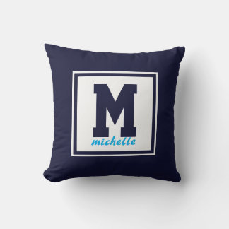 Coussin POIS bleus de la Marine Préppie Nom du monogramme