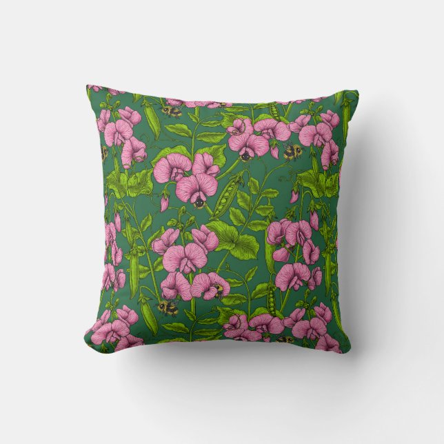 Coussin Pois doux et bourdons, vert et rose (Recto)
