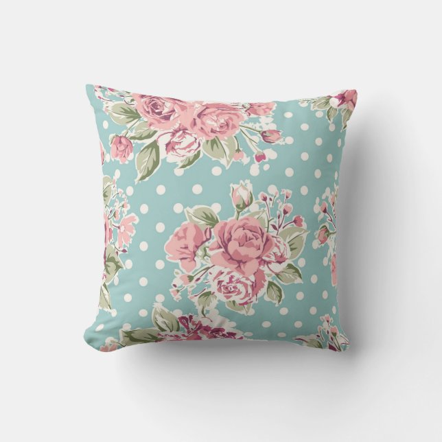 Coussin Pois floral shabby chic bleu blanc élégant (Recto)