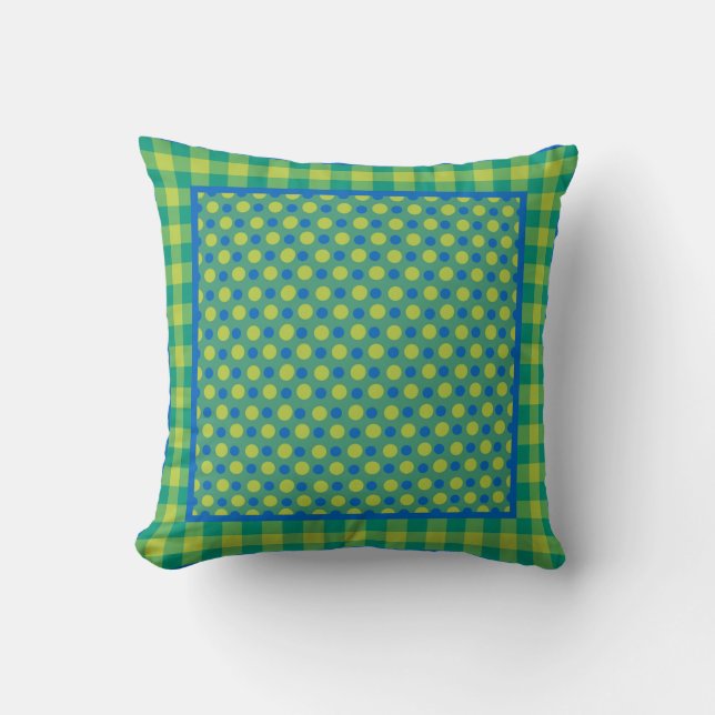 Coussin Pois Neon Green et Blue et Check En vichy (Recto)