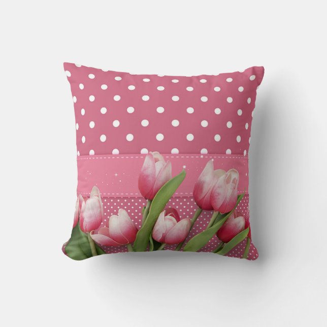 Coussin Pois roses avec de jolies tulipes roses, (Recto)