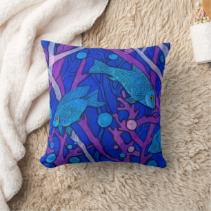 Coussin Poisson bleu dans l'algue, Collage de papier d'art