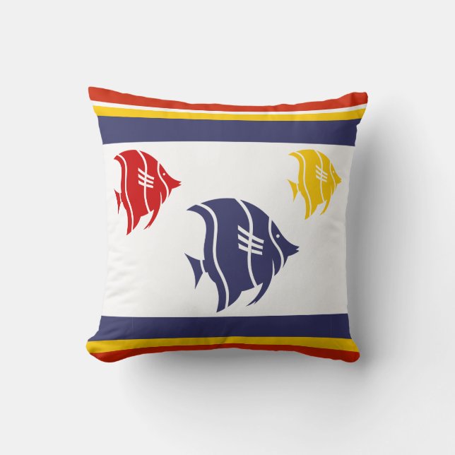 Coussin poisson bleu marine, jaune et rouge sur blanc (Recto)