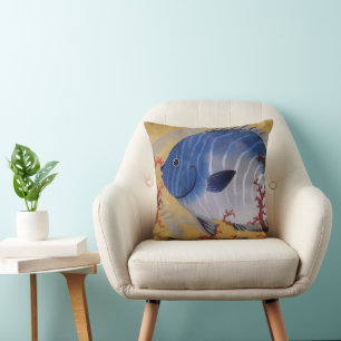 Coussin Poisson bleu tropical vintage corail vie marine oc