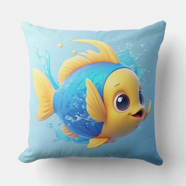 Coussin Poisson caricatural vibrant avec éclaboussure (Recto)
