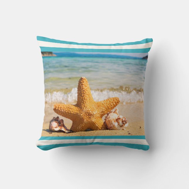 Coussin Poisson étoilé et coquillages sur la plage (Recto)