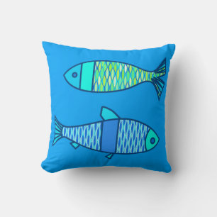 Coussin Poisson moderne rétro, bleu turquoise et cerulean