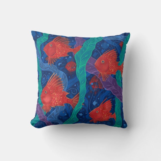 Coussin Poissons Rouges, Algues Mer Animaux Sous-marins Ar (Recto)