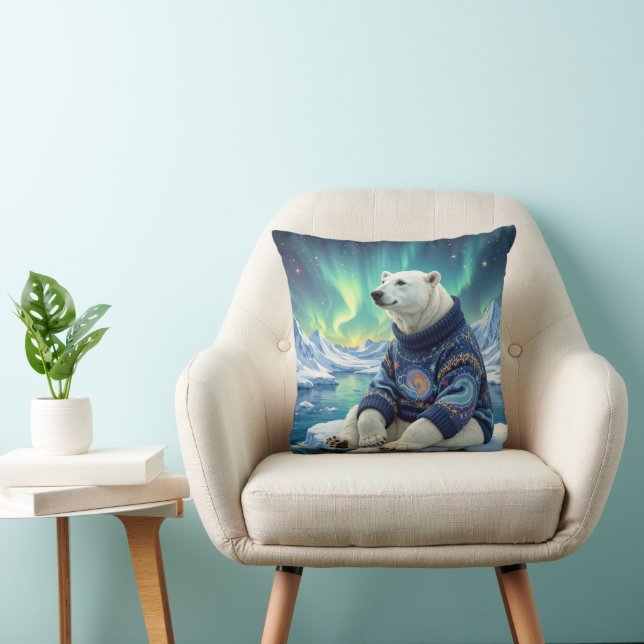 Coussin Polar Bear Sitting Under Northern Lights (Chaise)