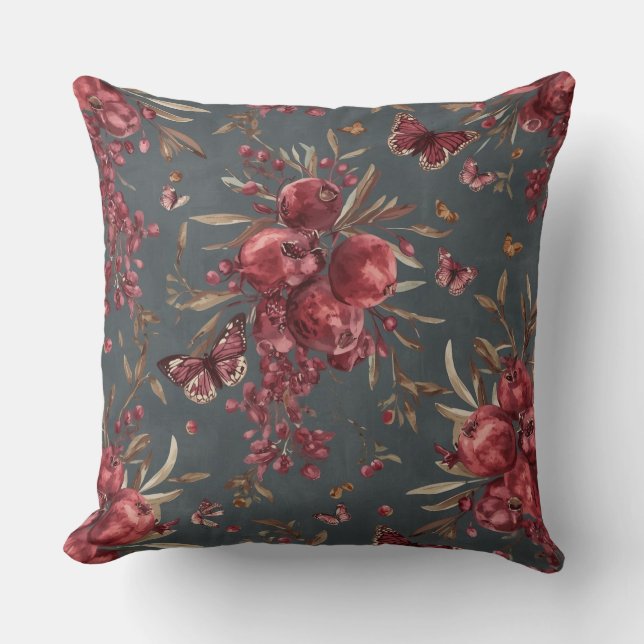 Coussin  Pomegranate & Olive Botanical Throw Pillow | Wine (Recto)