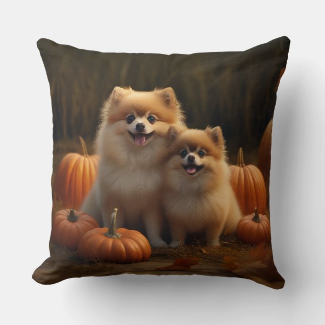 Coussin Poméranien Chiot Automne Citrouille délice (Recto)