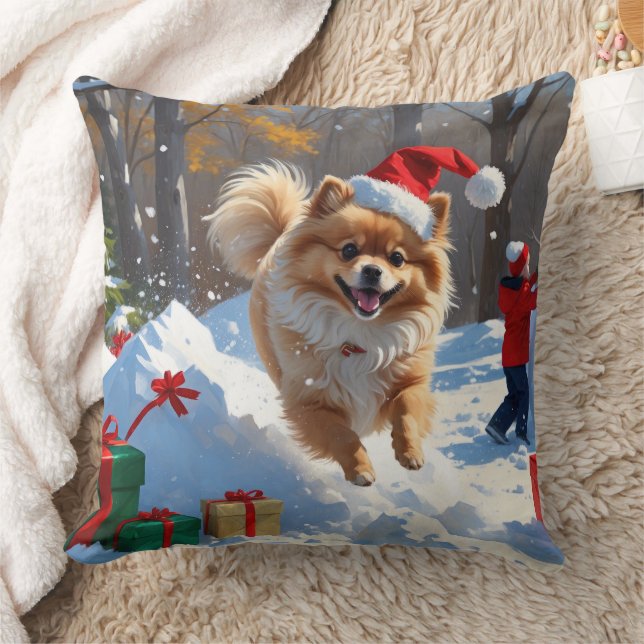 Coussin Poméranien en neige avec Casquette de Noël (Couverture)