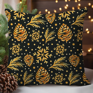 Coussin Pomme de pin et flocon de neige Or rustique