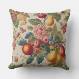 Coussin Pommes, Poires, Raisins, Fleur Rose. Peint en fran