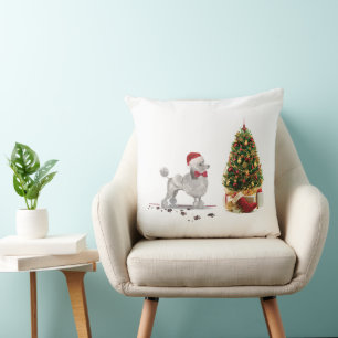 Coussin Poodle gris drôle Chien de Noël avec arbre