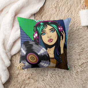 Coussin Pop Art Girl with Record