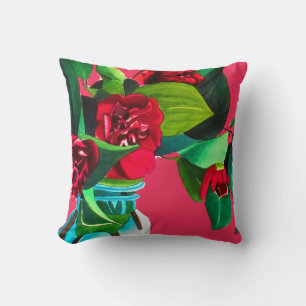 Coussin Pop Art rouge camélia fleurs aquarelle originale