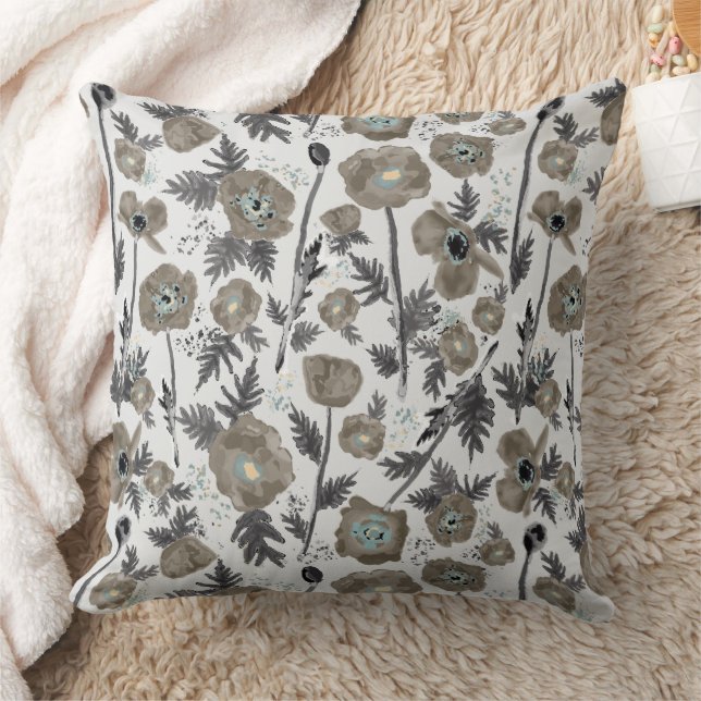 Coussin Poppies Moderne Gris Bleu Floral Modèle (Couverture)