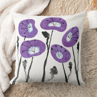 Coussin Poppies pourpres Boho Moderne Aquarelle Fleurs