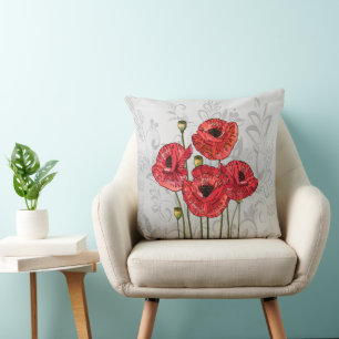 Coussin Poppies rouges sur floral gris blanc
