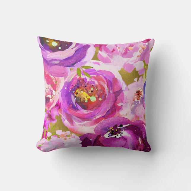 Coussin Pops de rose et violet floral vibrant (Recto)