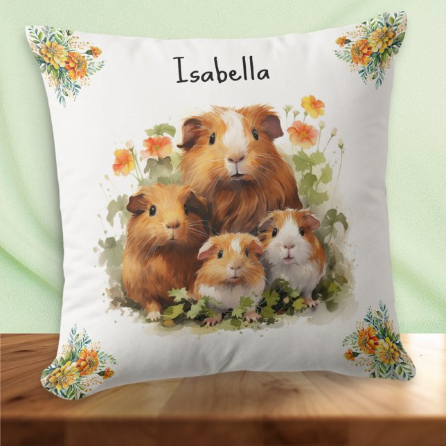 Coussin Porcs de Guinée Marigold Fleurs mignonnes Personna (A cute personalized pillow, with illustration of four adorable guinea pigs among flowers)