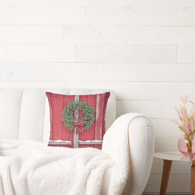 Coussin Porte rouge à grange avec couronne de Noël (Canapé)