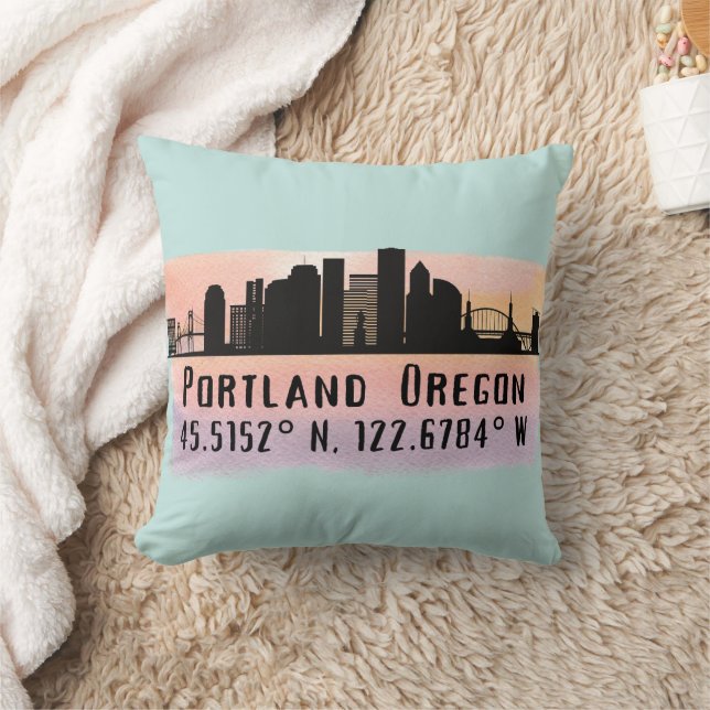 Coussin Portland OU City Skyline Latitude et Longitude (Couverture)