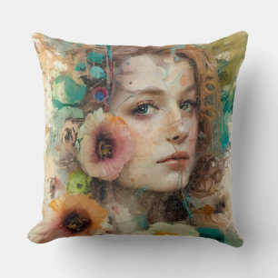 Coussin Portrait Abstrait de femme de fleurs