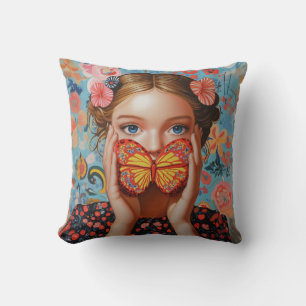 Coussin Portrait Butterfly Girl in a Floral Wonderland