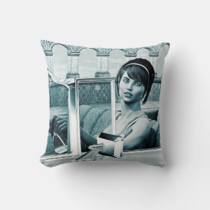 Coussin Portrait d'art de femme glamour bleu vintage