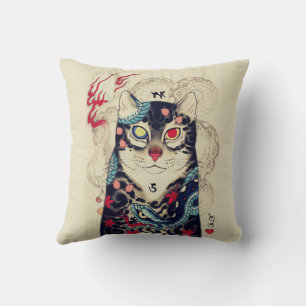 COUSSIN PORTRAIT DE CHAT SAMURAI AVEC TATOS SERPENTS