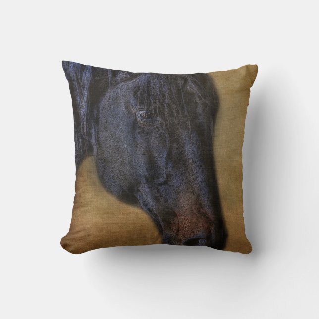 Coussin Portrait de cheval noir sur effet Parchemin rustiq (Recto)