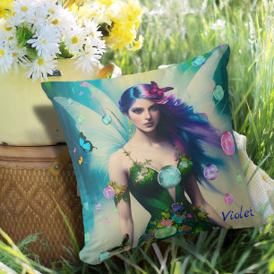 Coussin Portrait de fée aux cheveux bleus féminins en robe