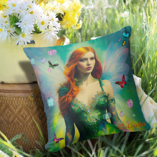 Coussin Portrait de fée rousse féminine en robe verte