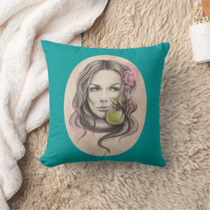 Coussin Portrait de femme avec pomme et fleur Art Surreal
