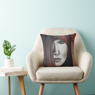 Coussin Portrait de femme de poupée américaine Dessin d'ar