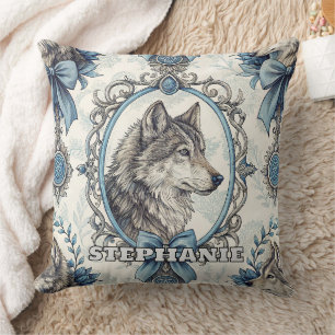 Coussin Portrait de loup d'hiver en cadre bleu et gris ora