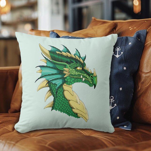 Coussin Portrait de tête de dragon vert émeraude Fantastiq (Créateur téléchargé)